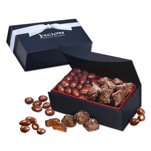 Chocolate Almonds & Chocolate Sea Salt Caramels in Navy Magnetic Closure Box