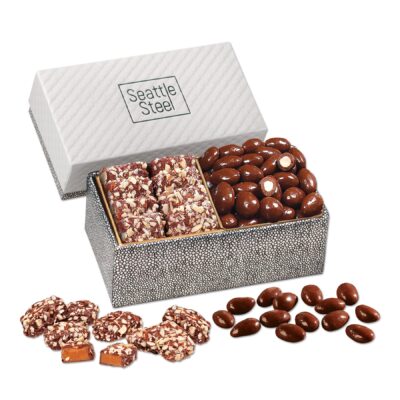 Chocolate Almonds & Toffee in White Pillow Top & Silver Gift Box
