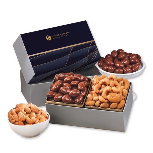 Chocolate Covered Almonds & Fancy Cashews in Navy & Gold Gift Box