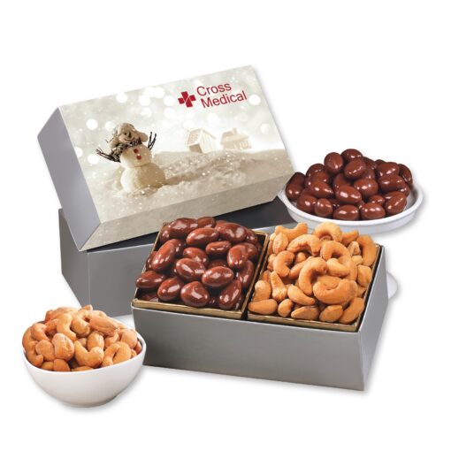 Chocolate Covered Almonds & Fancy Cashews in Snowman Gift Box