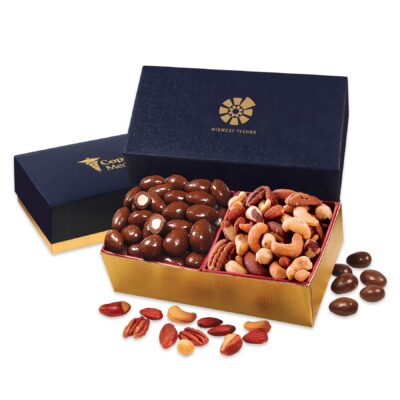 Navy & Gold Gift Box w/Chocolate Almonds & Deluxe Mixed Nuts
