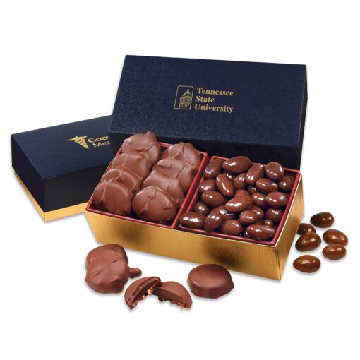 Navy & Gold Gift Box w/Pecan Turtles & Chocolate Almonds