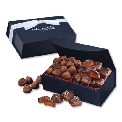 Navy Magnetic Closure Box w/Chocolate Sea Salt Caramels & Cocoa Dusted Truffles
