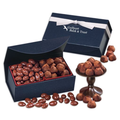 Navy Magnetic Closure Box w/Milk Chocolate Almonds & Cocoa Dusted Truffles