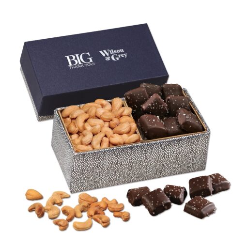 Navy & Silver Gift Box w/Cashews & Chocolate Sea Salt Caramels