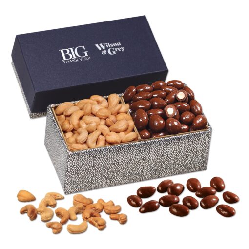 Navy & Silver Gift Box w/Chocolate Almonds & Cashews