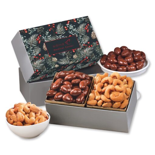 Pine Boughs & Berries Gift Box w/Chocolate Covered Almonds & Fancy Cashews
