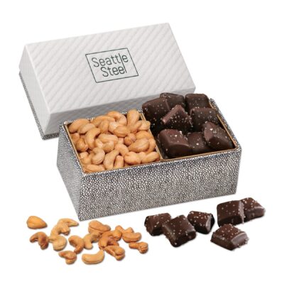 White Pillow Top & Silver Gift Box w/Cashews & Chocolate Sea Salt Caramels