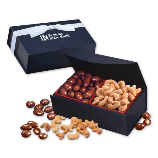 Navy Magnetic Closure Box w/Chocolate Almonds & Cashews-1