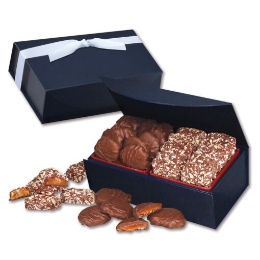 Navy Magnetic Closure Box w/English Butter Toffee & Pecan Turtles-2