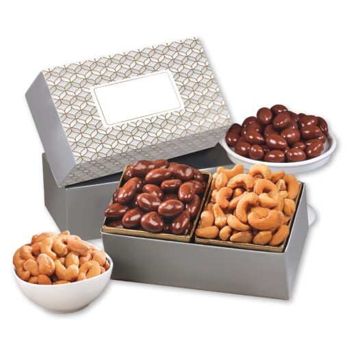 Silver & Gold Gift Box w/Chocolate Covered Almonds & Fancy Cashews-2