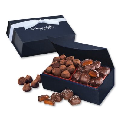 Chocolate Sea Salt Caramels & Cocoa Dusted Truffles in Navy Magnetic Closure Box-1