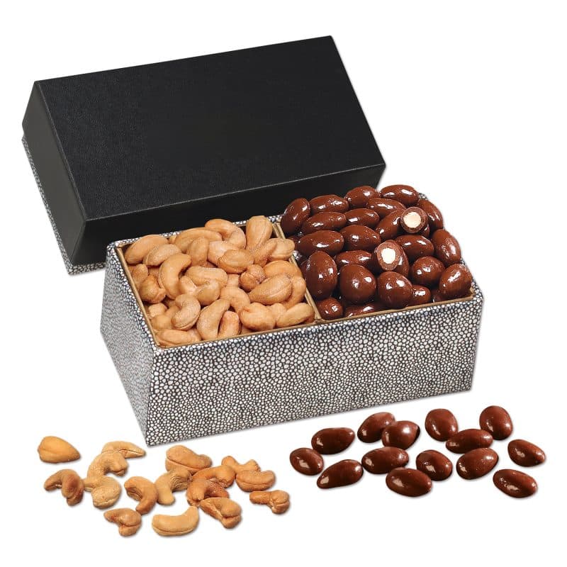 Custom Black & Silver Gift Box w/Chocolate Almonds & Cashews - 1