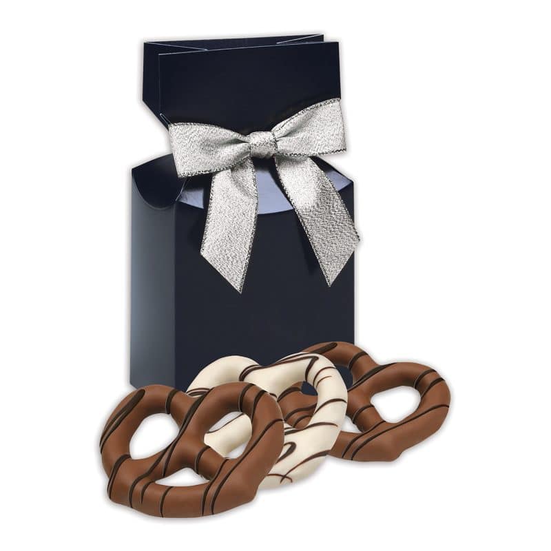 Custom Navy Blue Gift Box w/Chocolate Covered Pretzels - 1