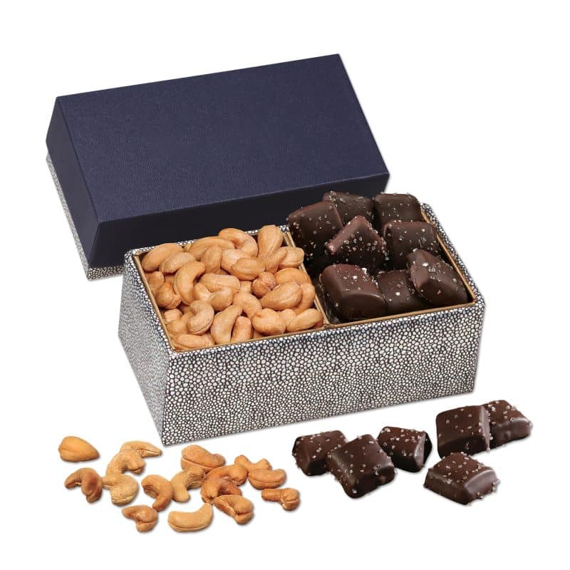 Custom Navy & Silver Gift Box w/Cashews & Chocolate Sea Salt Caramels - 1