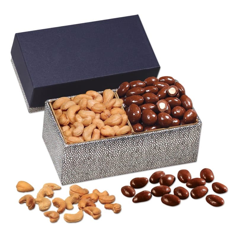 Custom Navy & Silver Gift Box w/Chocolate Almonds & Cashews - 1