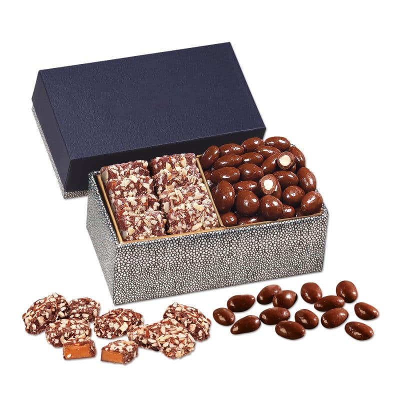 Custom Navy & Silver Gift Box w/Chocolate Almonds & English Toffee - 1