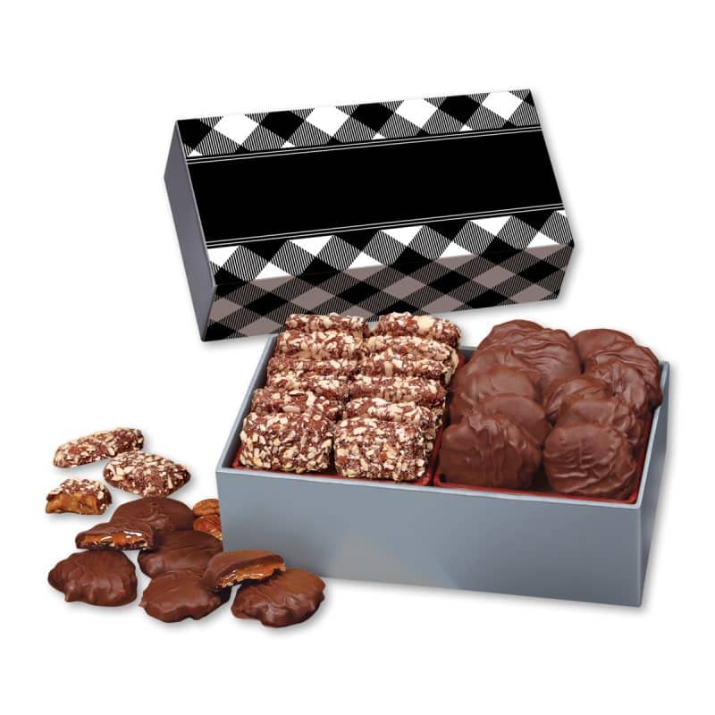 Custom Black Plaid Gift Box w/Toffee & Pecan Clusters - 1