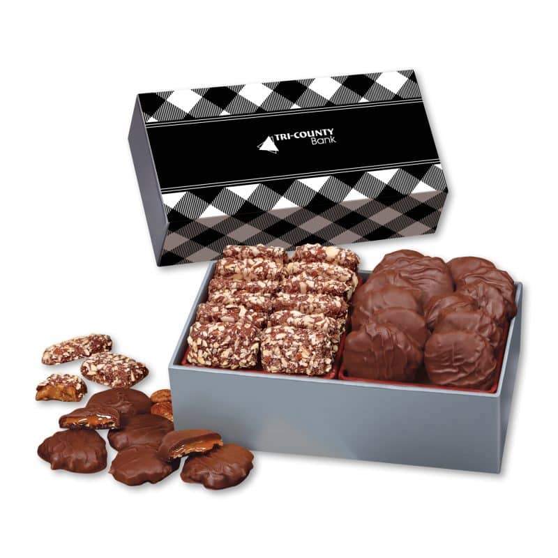 Custom Black Plaid Gift Box w/Toffee & Pecan Clusters