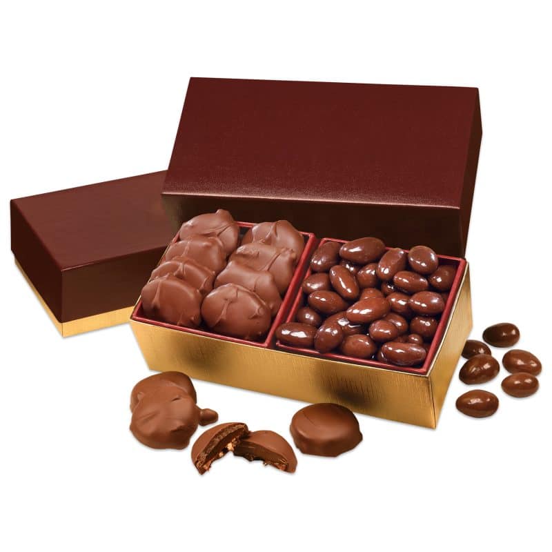Custom Burgundy & Gold Gift Box w/Caramel Pecan Clusters & Chocolate Almonds - 1