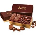 Custom Burgundy & Gold Gift Box w/Caramel Pecan Clusters & Chocolate Almonds
