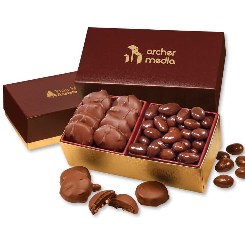 Custom Burgundy & Gold Gift Box w/Caramel Pecan Clusters & Chocolate Almonds