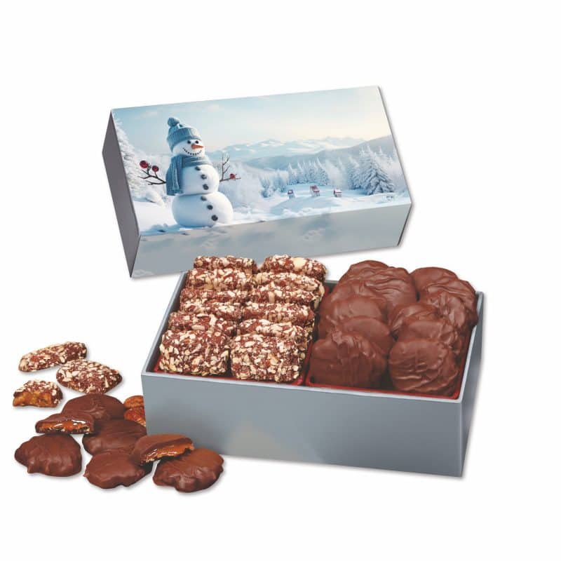 Custom Toffee & Pecan Clusters in Gift Box with Blue Snowman Sleeve - 1