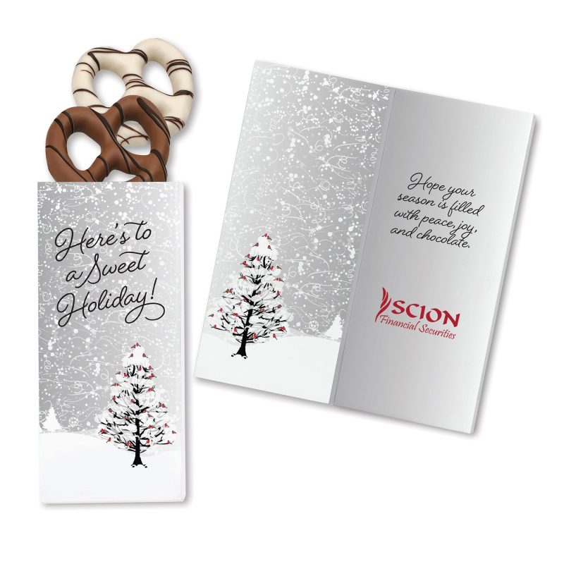 Custom One Color Foil-Stamped Stock Cardinals Sweeter Cards with Chocolate Dipped Pretzels