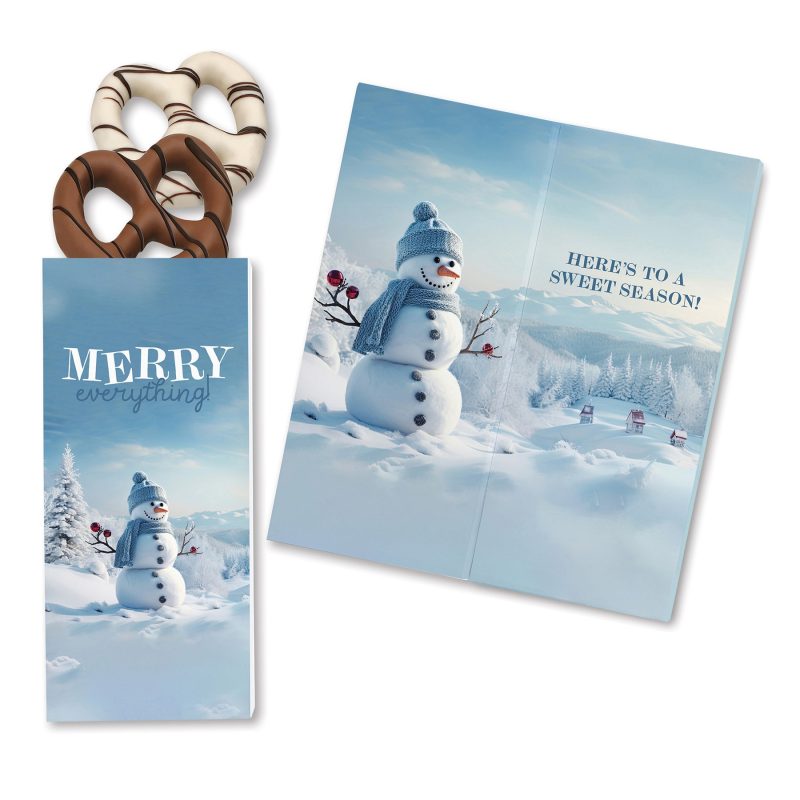 Custom One Color Foil-Stamped Stock Snowman Sweeter Cards with Chocolate Dipped Pretzels - 1