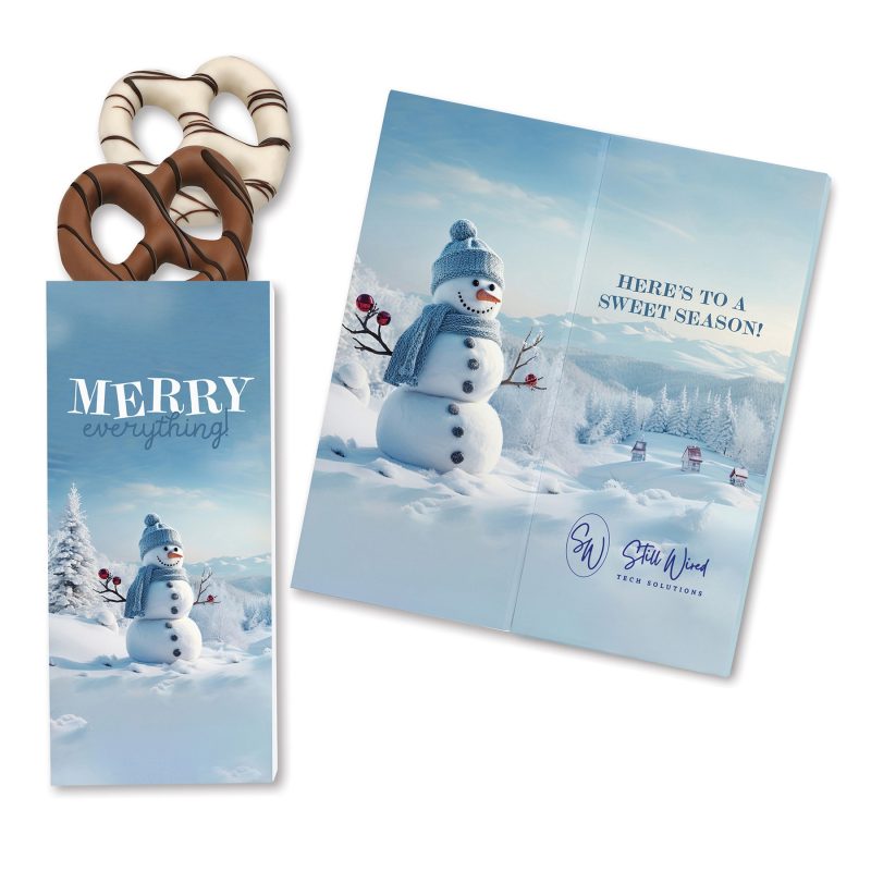 Custom One Color Foil-Stamped Stock Snowman Sweeter Cards with Chocolate Dipped Pretzels