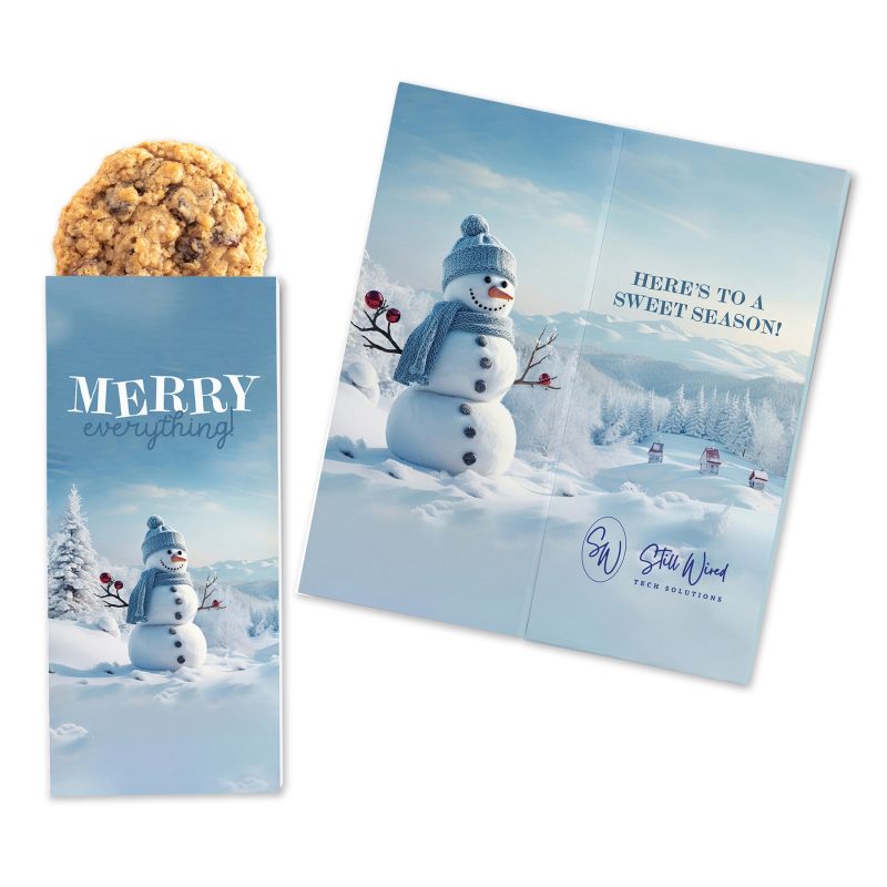 Custom One Color Foil-Stamped Stock Snowman Sweeter Cards with Oatmeal Raisin Cookies