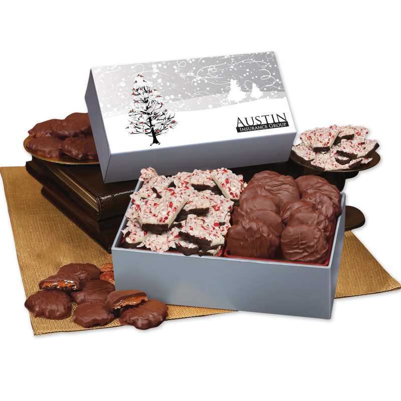 Custom Peppermint Bark & Pecan Clusters in Gift Box with Cardinals in Tree Sleeve