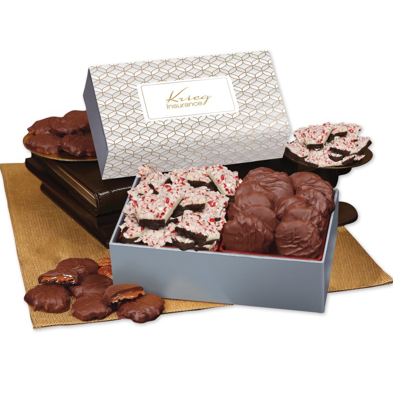 Custom Peppermint Bark & Pecan Clusters in Gift Box with Silver & Gold Geometric Sleeve