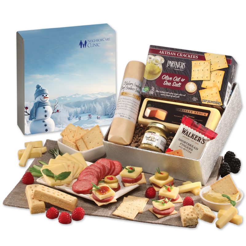 Custom Shelf Stable Snack Lover's Gift Box with Blue Snowman Sleeve