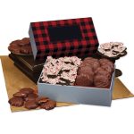 Custom Peppermint Bark & Pecan Clusters in Gift Box with Red & Black Plaid Sleeve - 1