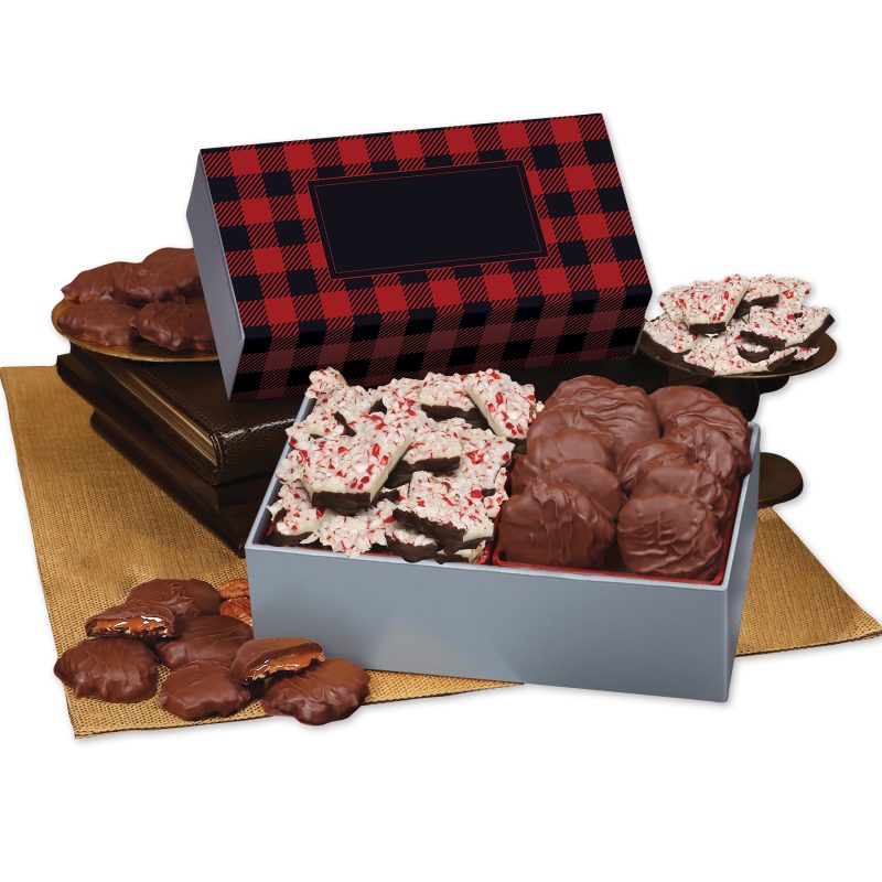 Custom Peppermint Bark & Pecan Clusters in Gift Box with Red & Black Plaid Sleeve - 1