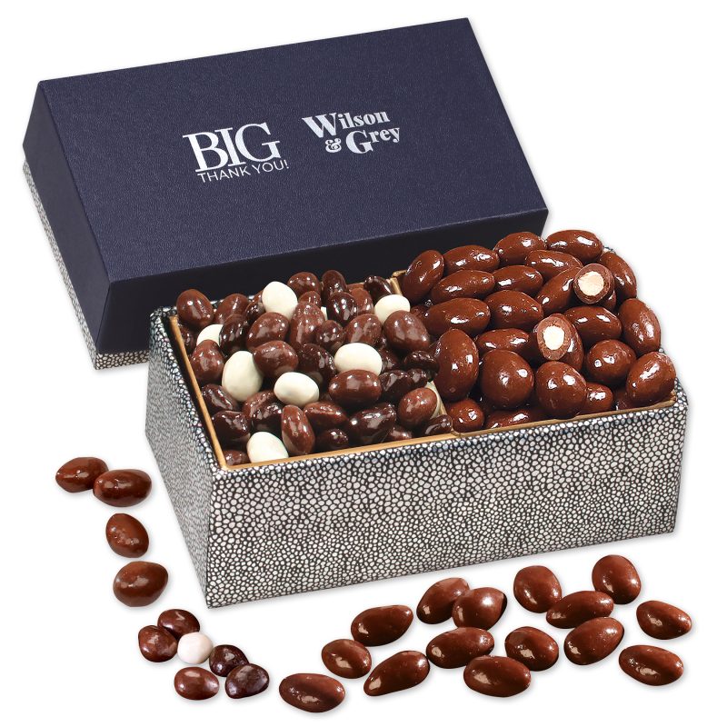 Chocolate-Almonds-Triple-Treat-Cranberries-in-Navy-Silver-Gift-Box-NVSP1091 Custom Chocolate Almonds & Triple Treat Cranberries in Navy & Silver Gift Box