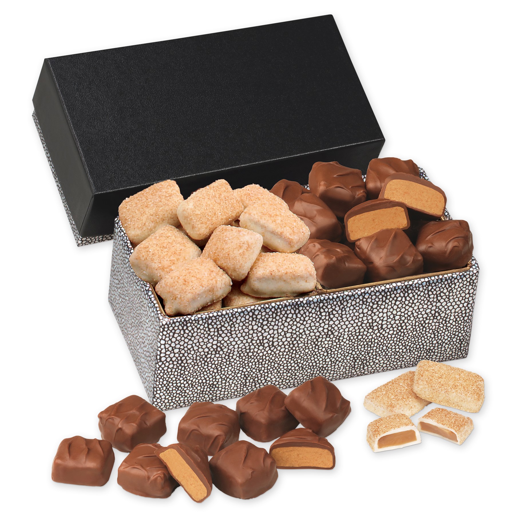 Custom Churro Toffee & Peanut Butter Meltaways in Black & Silver Gift Box