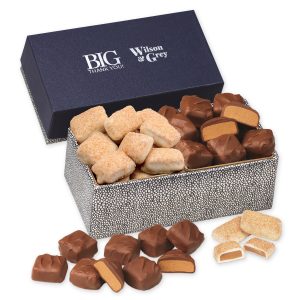 Custom Churro Toffee & Peanut Butter Meltaways in Navy & Silver Gift Box