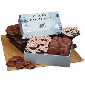 Custom Peppermint Bark & Pecan Clusters in Gift Box with Happy Holidays Sleeve