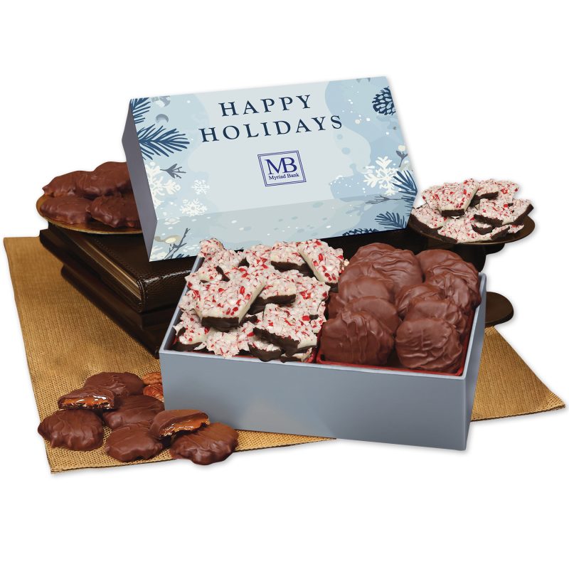Peppermint-Bark-Pecan-Clusters-in-Gift-Box-with-Happy-Holidays-Sleeve-SLS1016HHP Custom Peppermint Bark & Pecan Clusters in Gift Box with Happy Holidays Sleeve