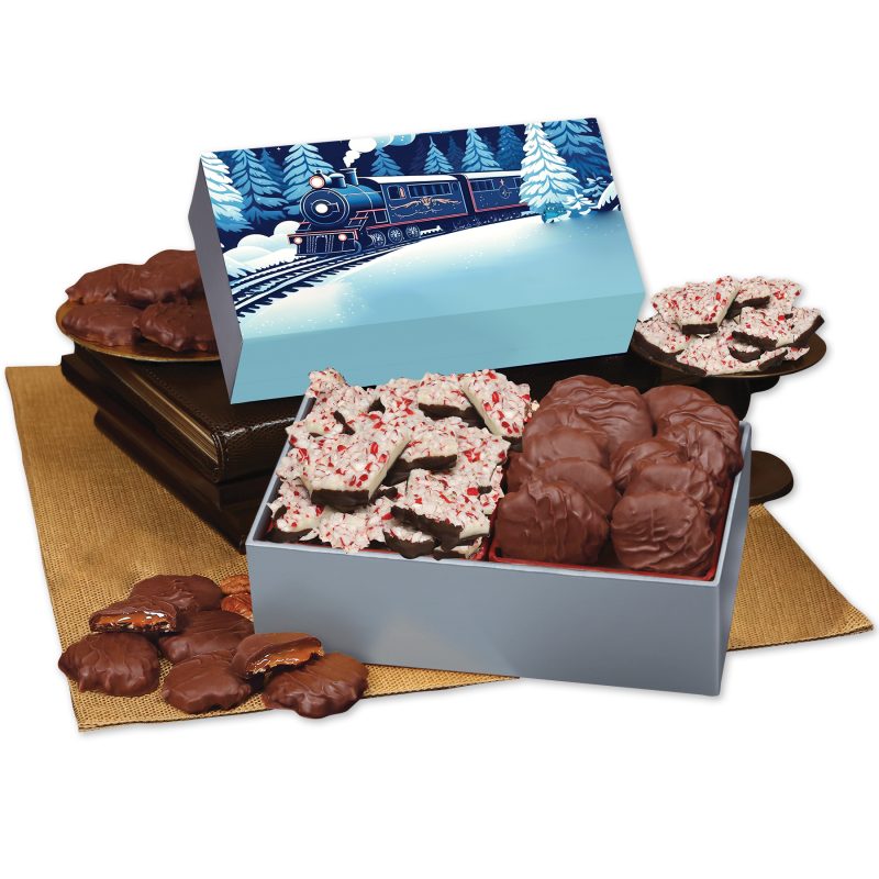 Custom Peppermint Bark & Pecan Clusters in Gift Box with Holiday Train Sleeve - 1