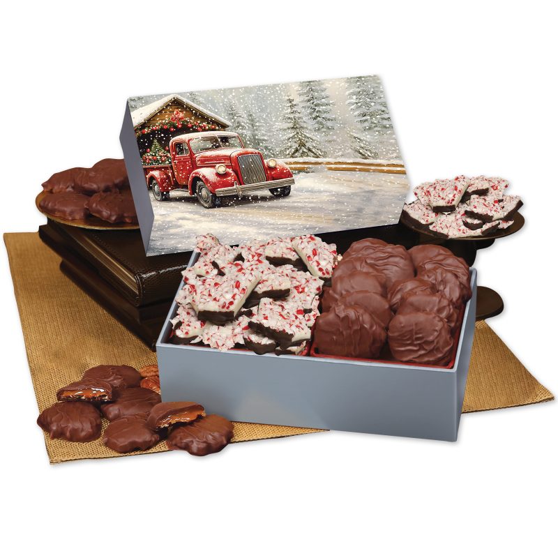 Custom Peppermint Bark & Pecan Clusters in Gift Box with Red Truck on Bridge Sleeve - 1