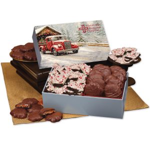 Custom Peppermint Bark & Pecan Clusters in Gift Box with Red Truck on Bridge Sleeve