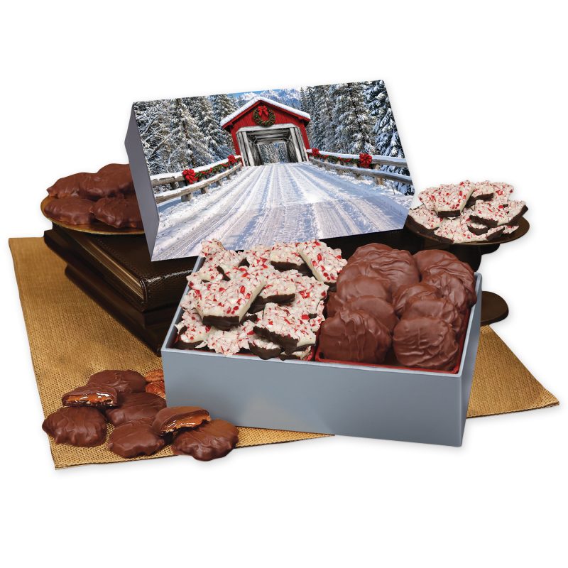 Custom Peppermint Bark & Pecan Clusters in Gift Box with Snow-covered Bridge Sleeve - 1