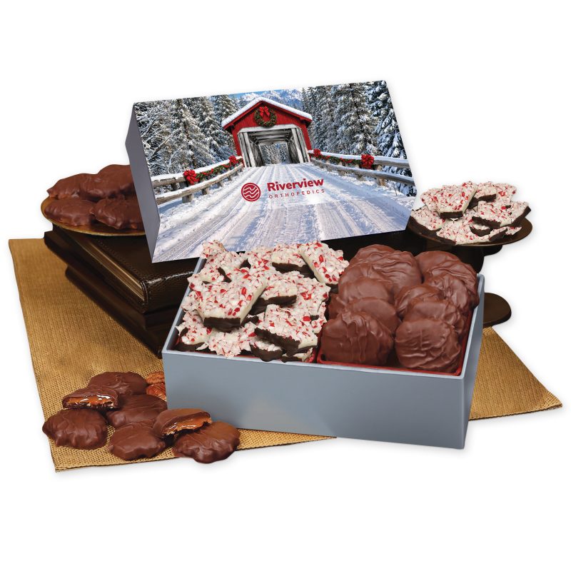 Peppermint-Bark-Pecan-Clusters-in-Gift-Box-with-Snow-covered-Bridge-Sleeve-SLS1016SCB Custom Peppermint Bark & Pecan Clusters in Gift Box with Snow-covered Bridge Sleeve