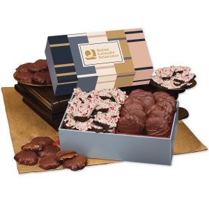 Custom Peppermint Bark & Pecan Clusters in Gift Box with Squares & Lines Sleeve