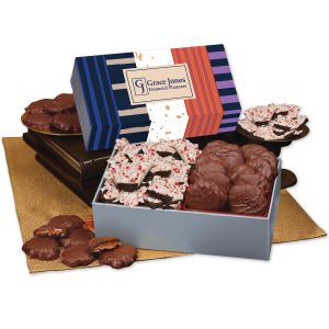 Custom Peppermint Bark & Pecan Clusters in Gift Box with Stripes & Splatter Sleeve
