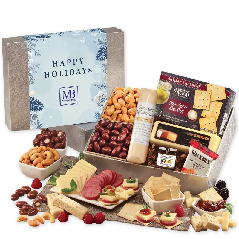 Shelf-Stable-Snacking-Smorgasbord-with-Happy-Holidays-Sleeve-SLS225HHP Custom Shelf Stable Snacking Smorgasbord with Happy Holidays Sleeve