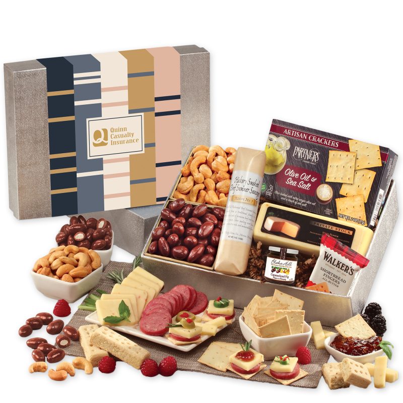 Shelf-Stable-Snacking-Smorgasbord-with-Squares-Lines-Sleeve-SLS225SQL Custom Shelf Stable Snacking Smorgasbord with Squares & Lines Sleeve